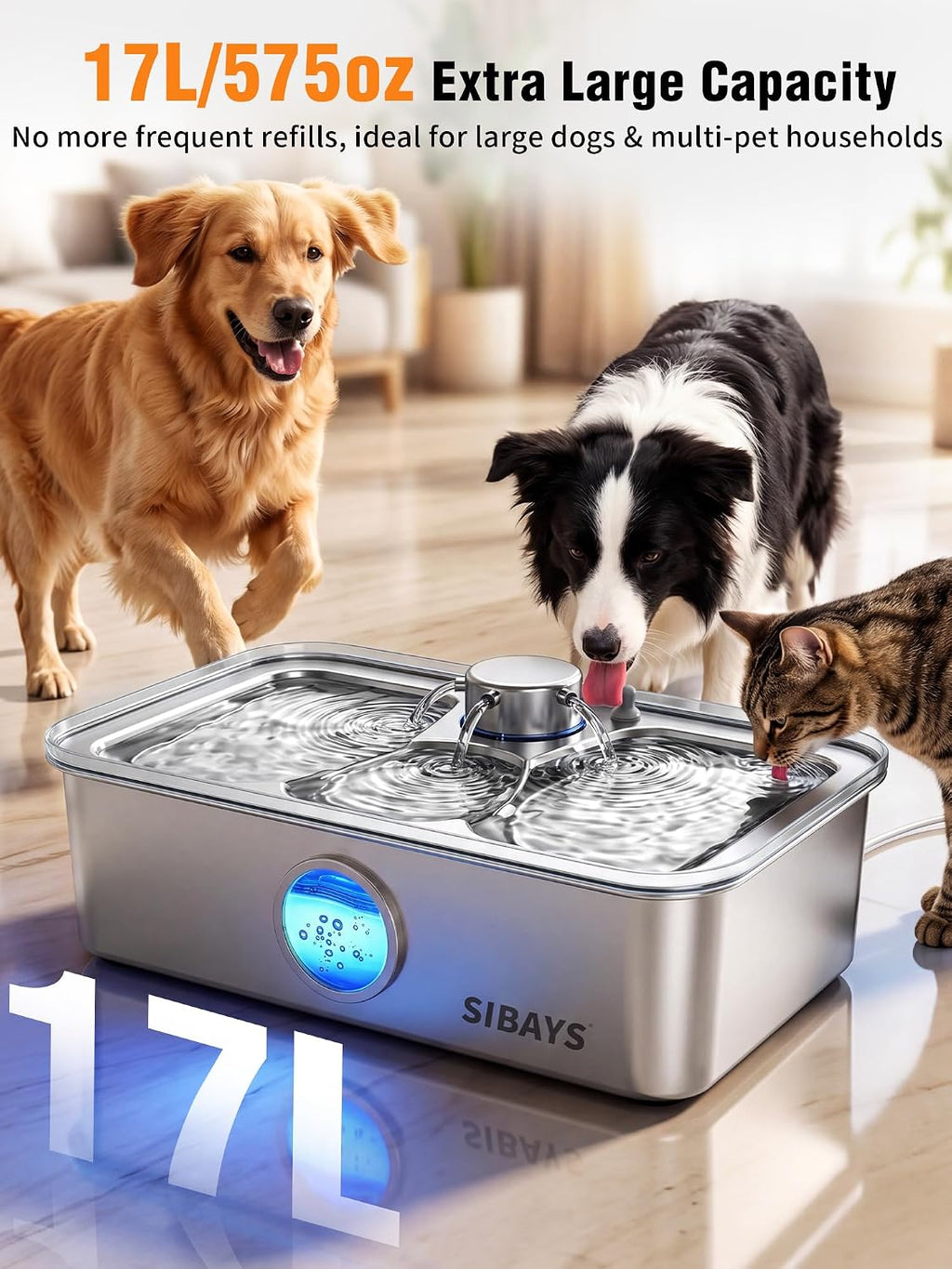 SIBAYS 17L Dog Water Fountain, Stainless Steel Pet Water Fountain FS83