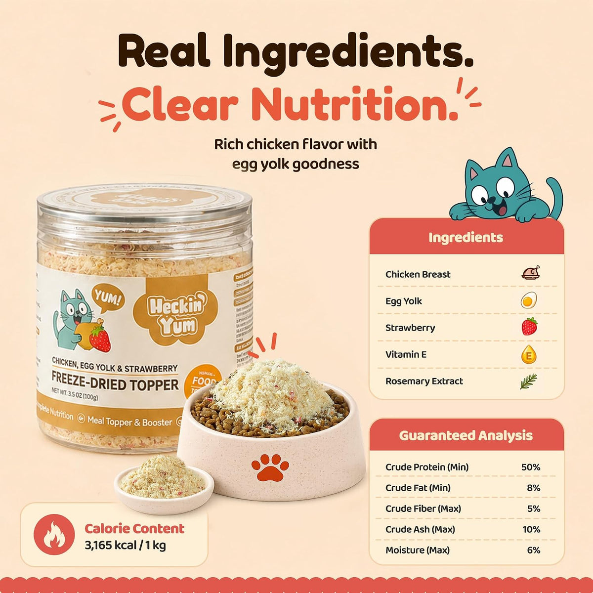 Freeze Dried Cat Food Toppers Treats, Chicken, Egg Yolk & Strawberry 3.5 oz