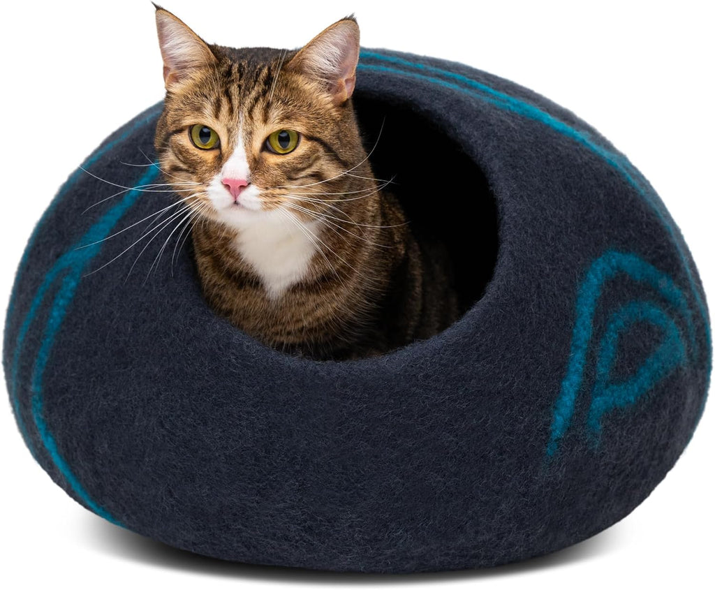 MEOWFIA Cat Cave - New Zealand Wool Bed for Indoor Cats (Black Aqua)