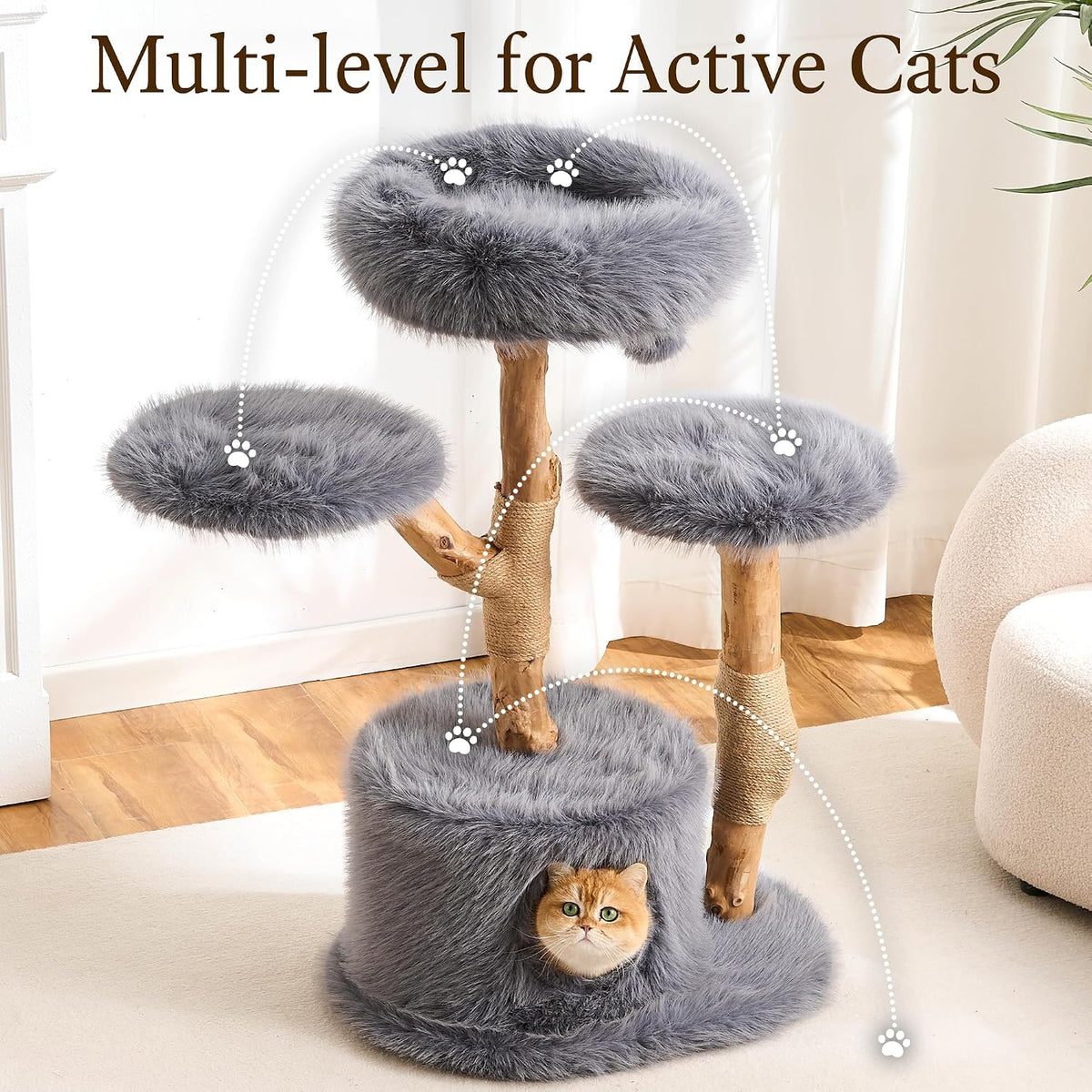 HITTITE Natural Wood Cat Tree Tower with Scratching Post, 40 Inches Tall Modern Cat Tower with Cozy Bed and Condo, Luxury Real Branch Cat Tree for Indoor Cats Large Adult, Grey.