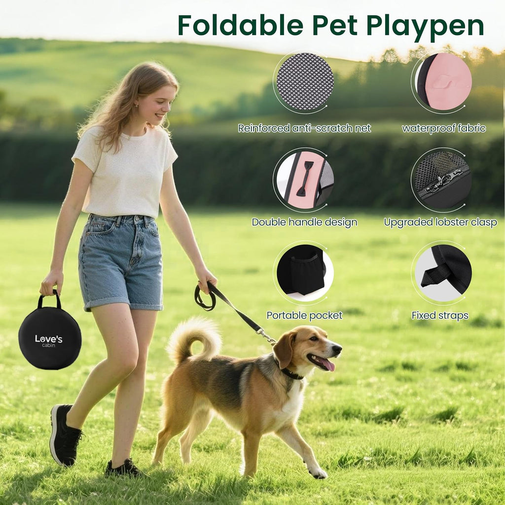 Love's cabin Pet Puppy Dog Playpen, Large Dog Tent Crates Cage Indoor/Outdoor, Portable Exercise Playpen for Cat, Foldable Pop Up Dog Kennel Playpen with Carring Case (L, Pink)