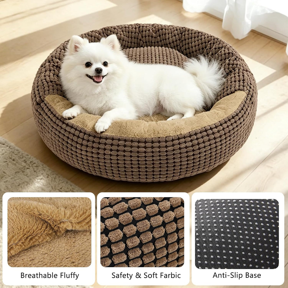 Small Dog Bed with Attached Blanket, Cozy Donut Cuddler Anti-Anxiety Hooded Pet Beds Calming Cave Bed, Orthopedic Round Puppy Beds for Dogs or Cats Washable, Anti-Slip Bottom, 23inch