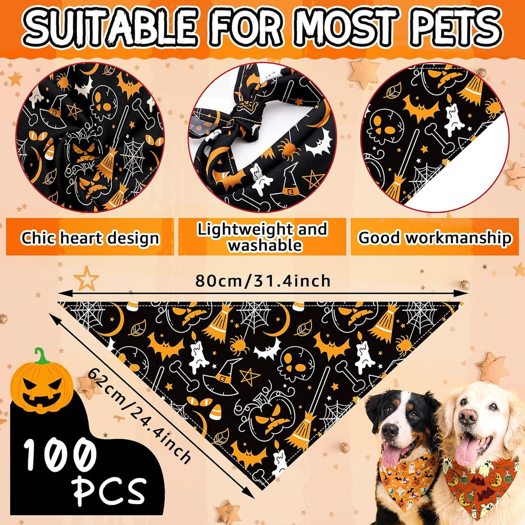 Huhumy 100 Pcs Fall Halloween Dog Bandanas Bulk Seasonal XL Dog Bandanas