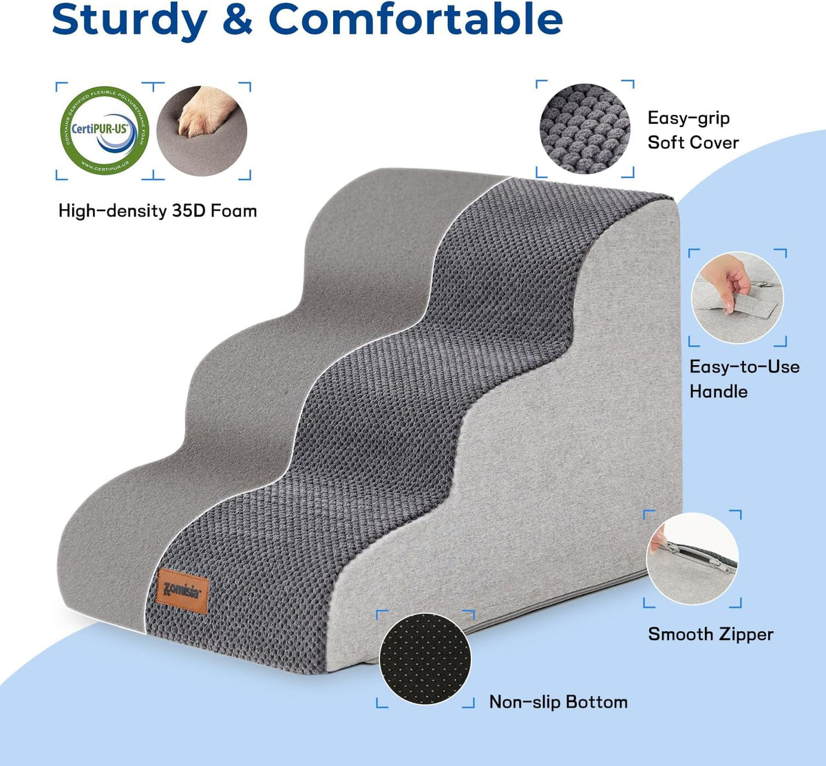 ZOMISIA Dog Stairs for Small Dogs - Pet Stairs for Couch and Bed, 35D Foam Dog Steps Ramp with Non-Slip Bottom Brown, 3 Steps