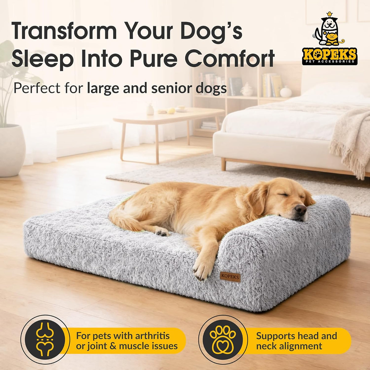 KOPEKS Orthopedic Memory Foam Dog Bed 7" Inch Thick Extra Large Dog Bed with Pillow Fluffy Grey 50"x34"x10" Includes Waterproof Liner & Durable Removable Cover with Smart Design