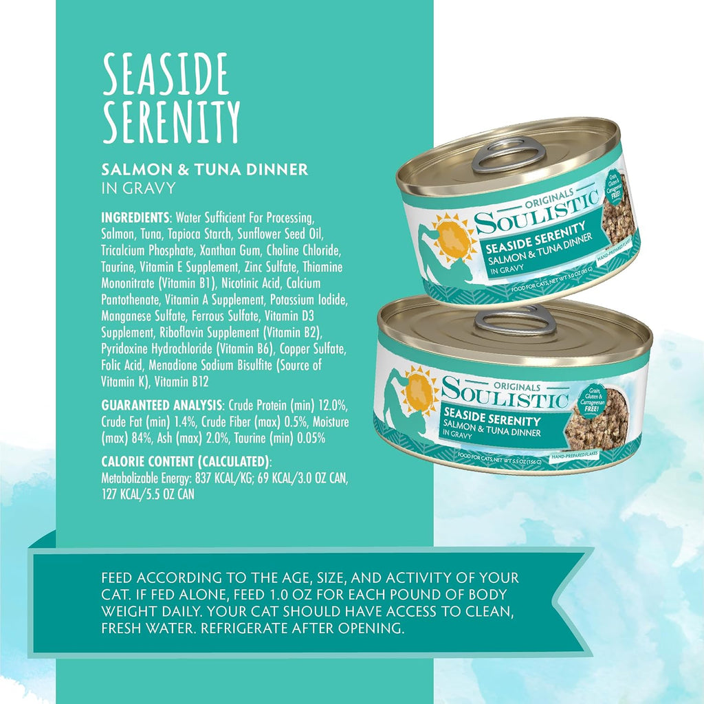 Soulistic Originals Wet Cat Food, Seaside Serenity Salmon and Tuna Dinner in Gravy, 3oz Can, Pack of 12