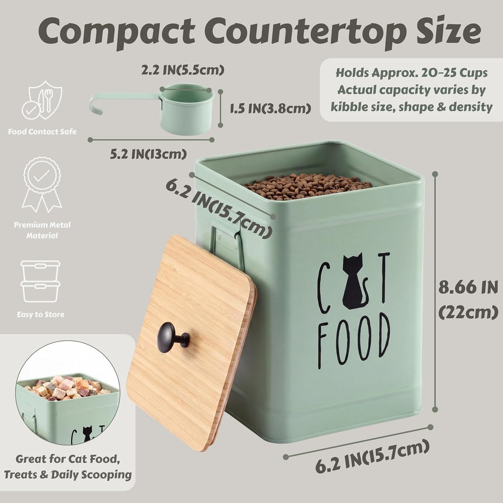 PERFNIQUE Cat Food Storage Container, Airtight Cat Treat Container with Bamboo Lid, Pet Food Storage for Kitchen Countertop, Treat Jars for Pets, Cat Food Container (Sage Green, with Spoon)