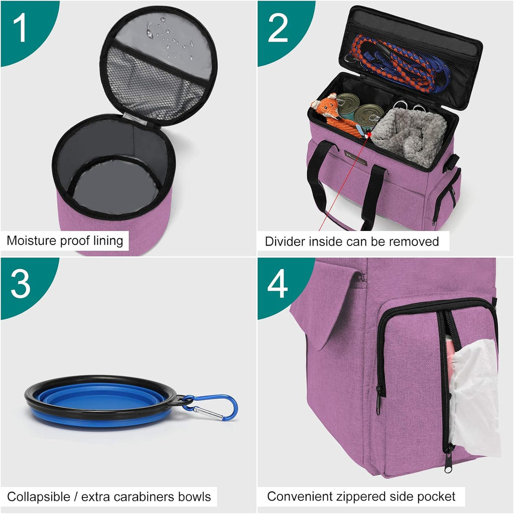 Modoker Weekend Dog Travel Bag Set with 2 Food Bags, 2 Bowls and Mat,Pink