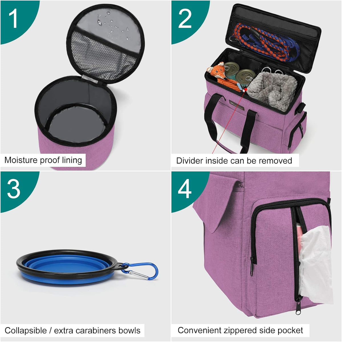 Modoker Weekend Dog Travel Bag Set with 2 Food Bags, 2 Bowls and Mat,Pink