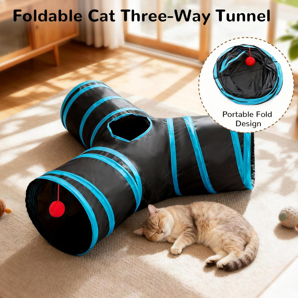 Tempcore Cat Tunnel, 3-Way Collapsible Toy for Indoor Cats, Black & Blue | 3-Way Cat Tunnel with Peek Holes, Hanging Ball and Teaser Wand, Collapsible Design for Play, Hiding, Chasing and Exercise