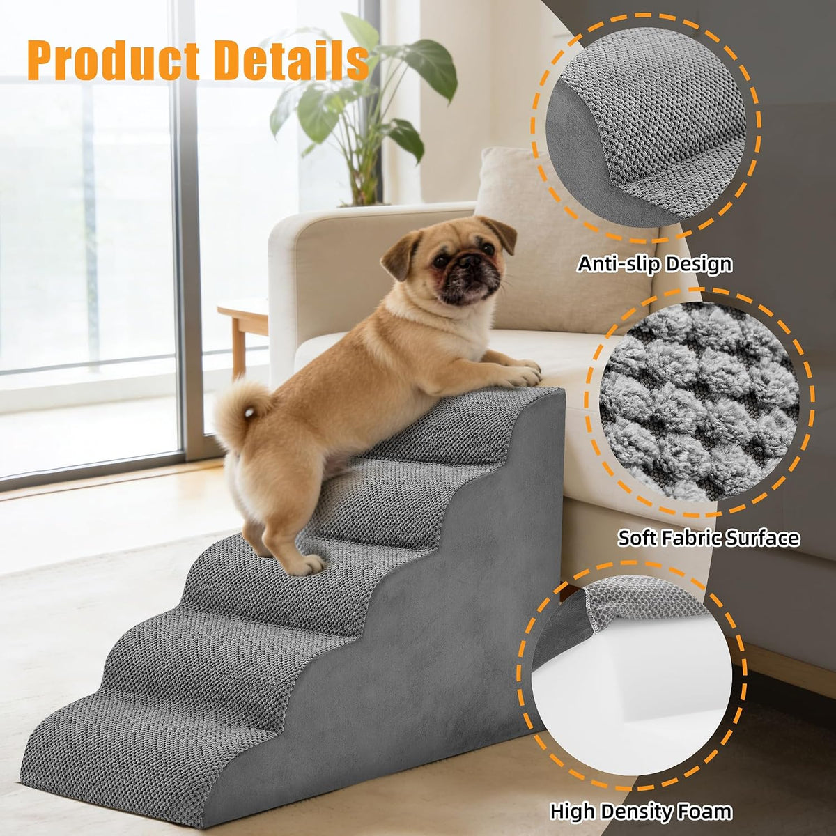 5-Step Dog Stairs for Large Dogs and Cats, 22in H Dog Steps, Gray