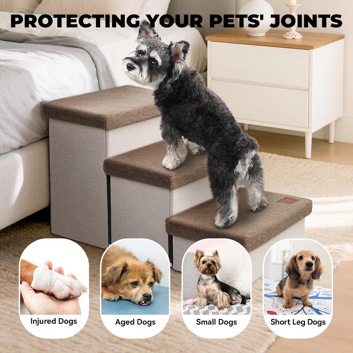 Zerbuger Dog Stairs with Storage Khaki Furry Lids 3 Steps Dog Ramp no Condo