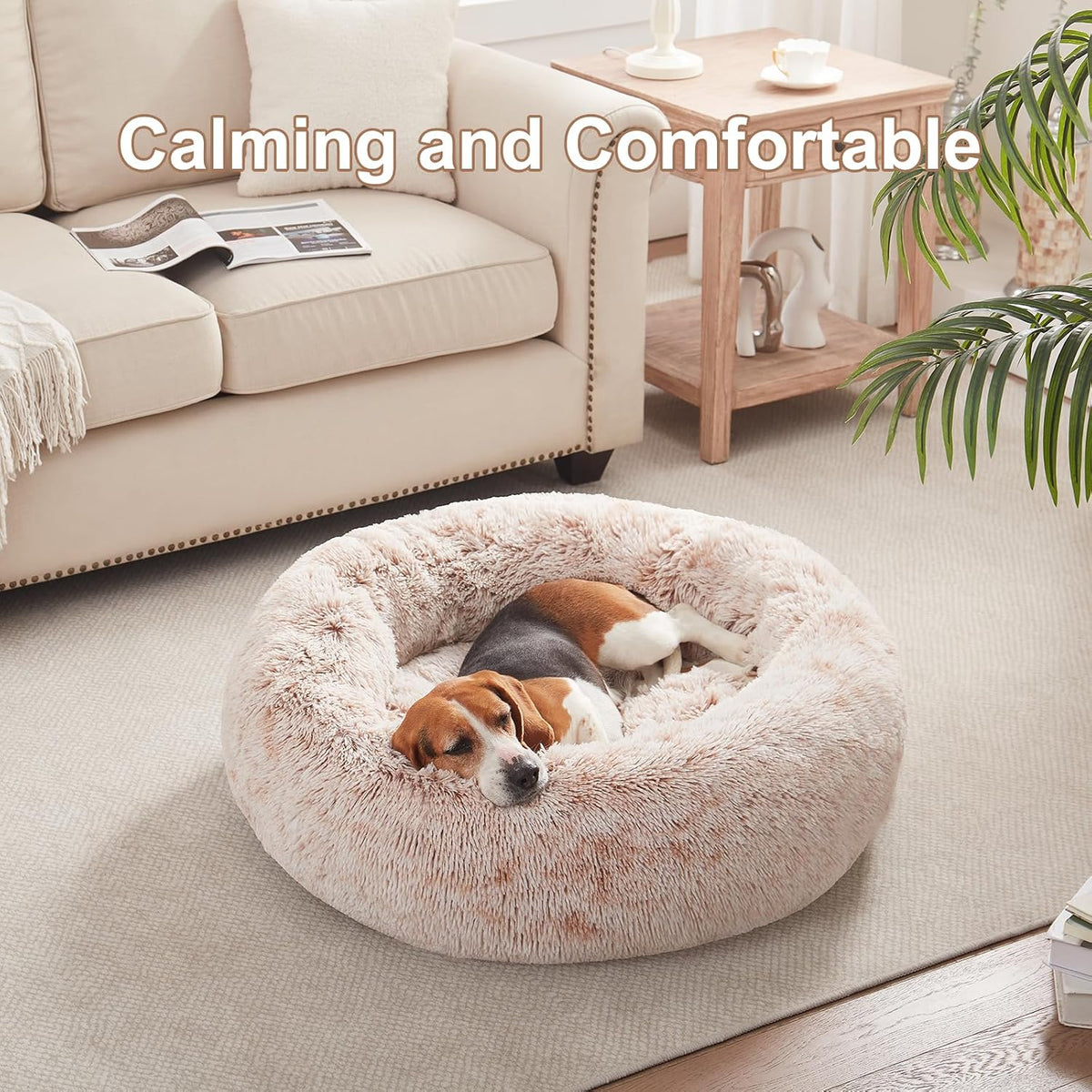 33 in Faux Fur Fluffy Donut Dog Bed for Medium Plus Dogs,Brown
