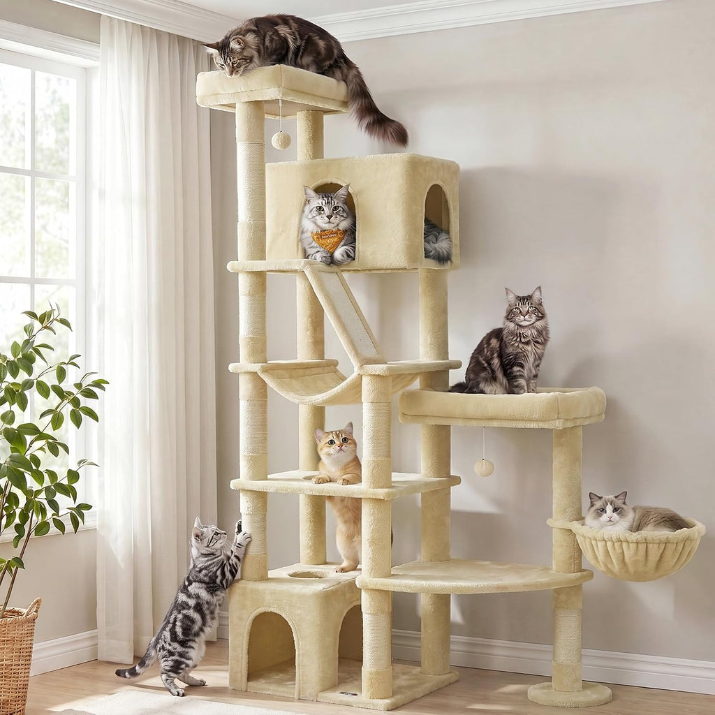 Feandrea Cat Tree, 74.1" Heavy Duty Cat Tower Condo for Indoors, Beige