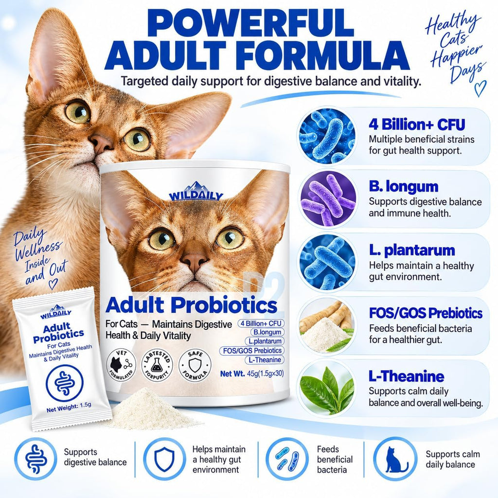 Probiotics for Cats with Prebiotics, 4 Billion CFU Digestive & Gut Health Support for Adult Cats, Probiotic Powder with B. longum + L. plantarum, FOS & GOS, 30 Daily Stick Packs