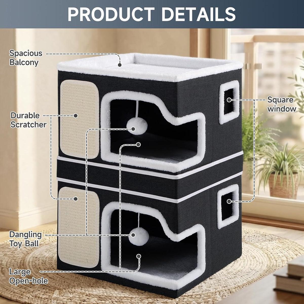 Shikha 2 Story Cat Bed House for Indoor Cats with Scratch Pads Black