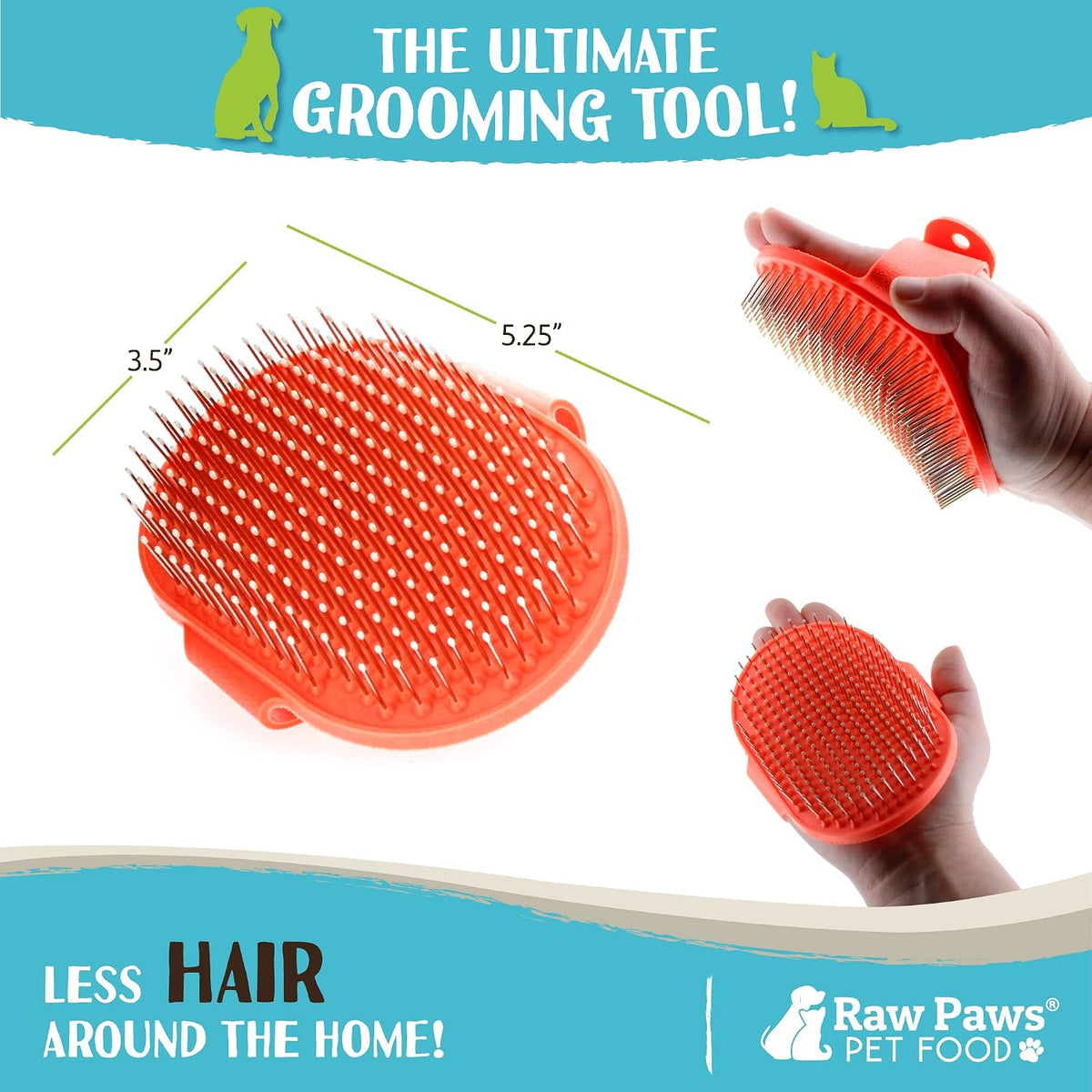 Raw Paws Hand-Held Grooming Pin Brush for Dogs & Cats - Rubber Tipped