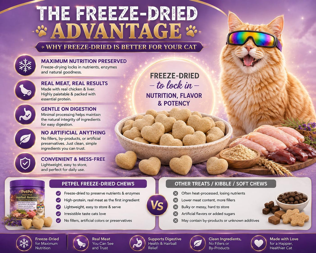 Freeze-Dried Hairball Removal Cat Treats - Digestive Enzyme Blend with Chicken & Natural Fiber, Supports Digestive Health & Reduces Hairballs