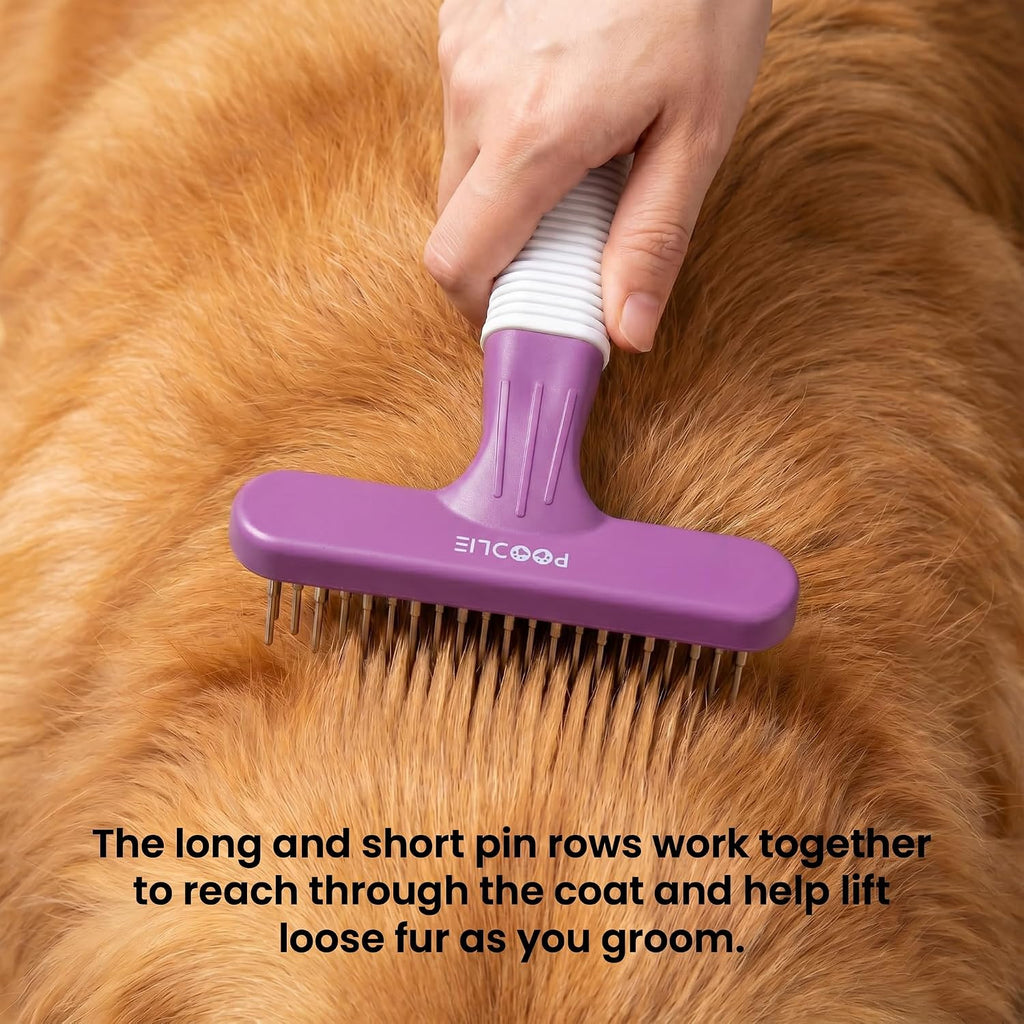 POODLIE Poodle Pet Dog Grooming Rake| Dematting Tool with Stainless Steel Shedding Comb for Pets | 2 Rows of Pins Gently Remove Loose or Tangled Hair from Undercoat | Purple Handle 
