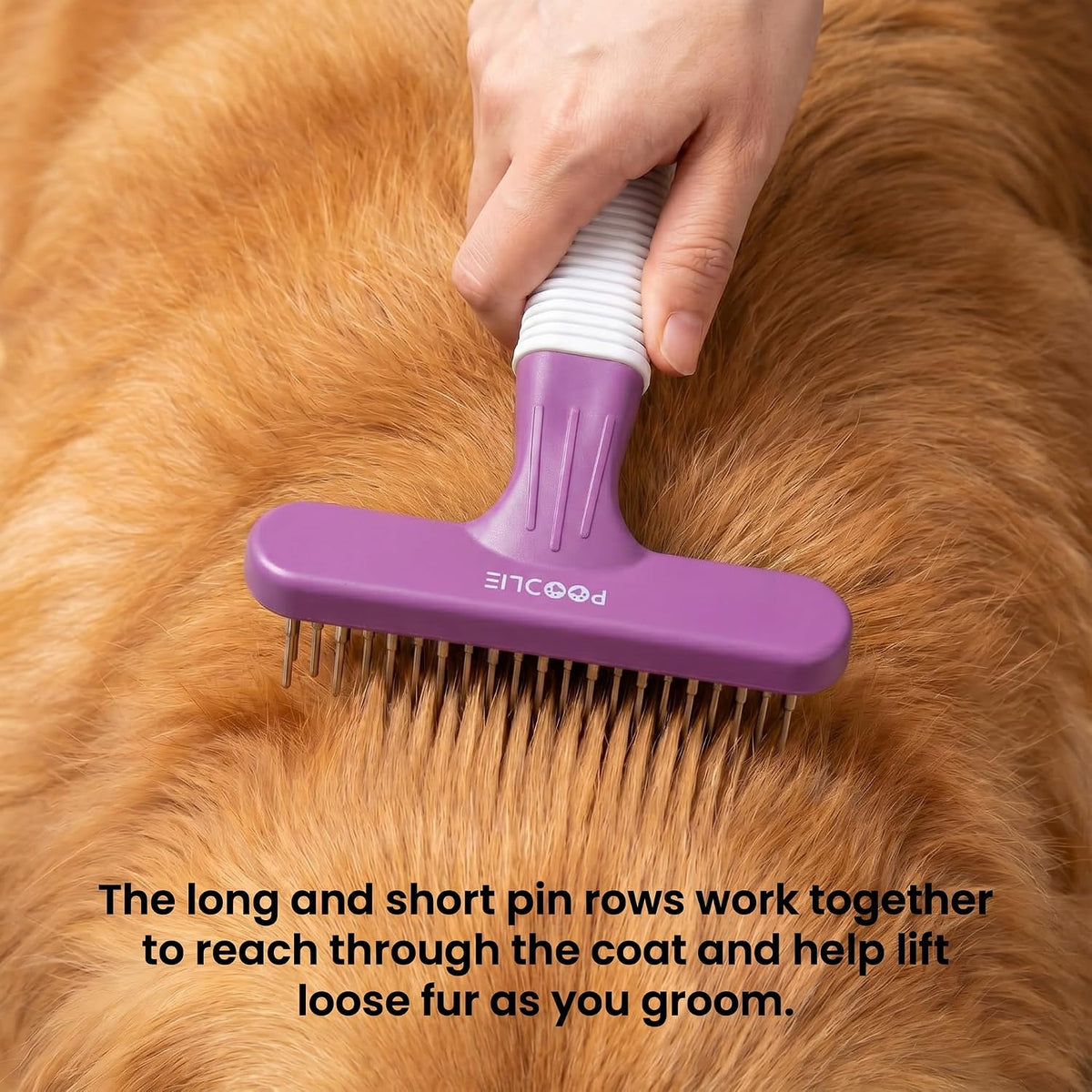 POODLIE Poodle Pet Dog Grooming Rake| Dematting Tool with Stainless Steel Shedding Comb for Pets | 2 Rows of Pins Gently Remove Loose or Tangled Hair from Undercoat | Purple Handle 
