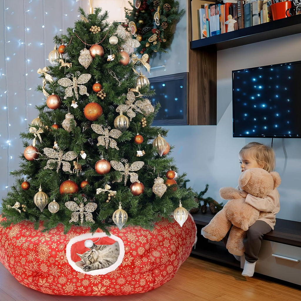 Snowflake Cat Tunnel Bed Under Christmas Tree 36'' Kitten Circle Donut Tunnel Skirt with Ball Mat Decorative Xmas Folding Home Kitty Guard Tube Holiday Party Indoor Pet(Red Gold)