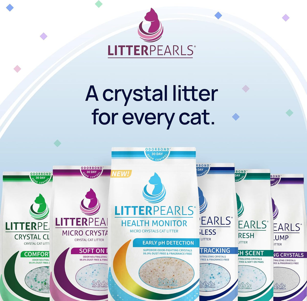 Litter Pearls Tracksless Unscented Non-Clumping Crystal Cat Litter with Odorbond, White, Clear and Blue Crystals, 7 Pound (Pack of 4)