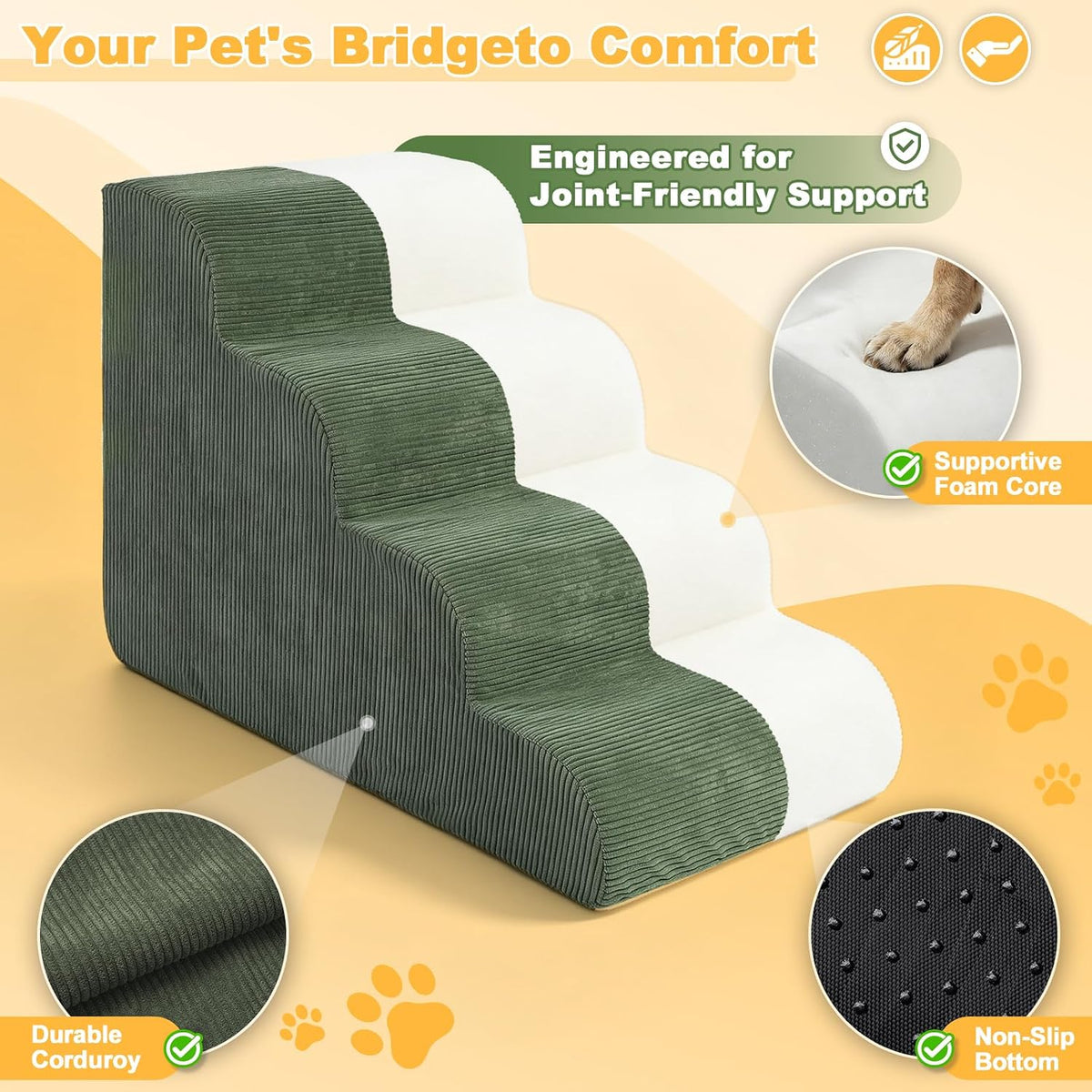 Dog Stairs for Small Dogs 18" H, 4-Step Dog Ramp for Aged and Injured Dogs, Foam Pet Stairs for Cats to Get on Bed, Couch or Chair, Non-Slip, Steady, Washable Cover, Green