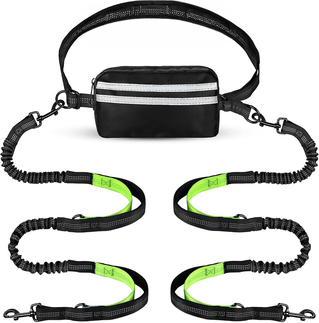 Hands Free Dog Leash 2 Dogs with Padded Handles and Zipper Pouch for Treats
