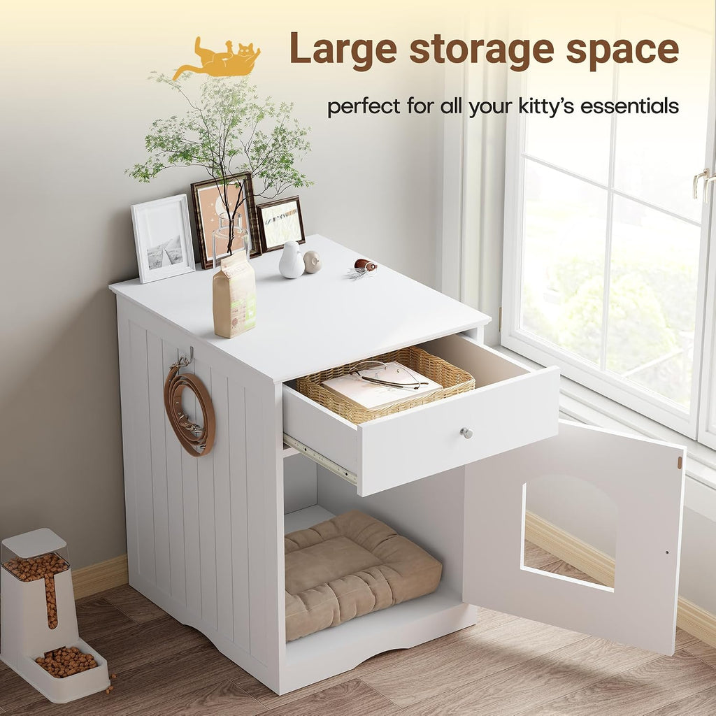 Litter Box Enclosure, Hidden Cat Litter Box Cabinet with Drawer, Wooden Pet Crate, Litter Box Furniture as Cat House, End Table, Fit Most of Litter Box (White)