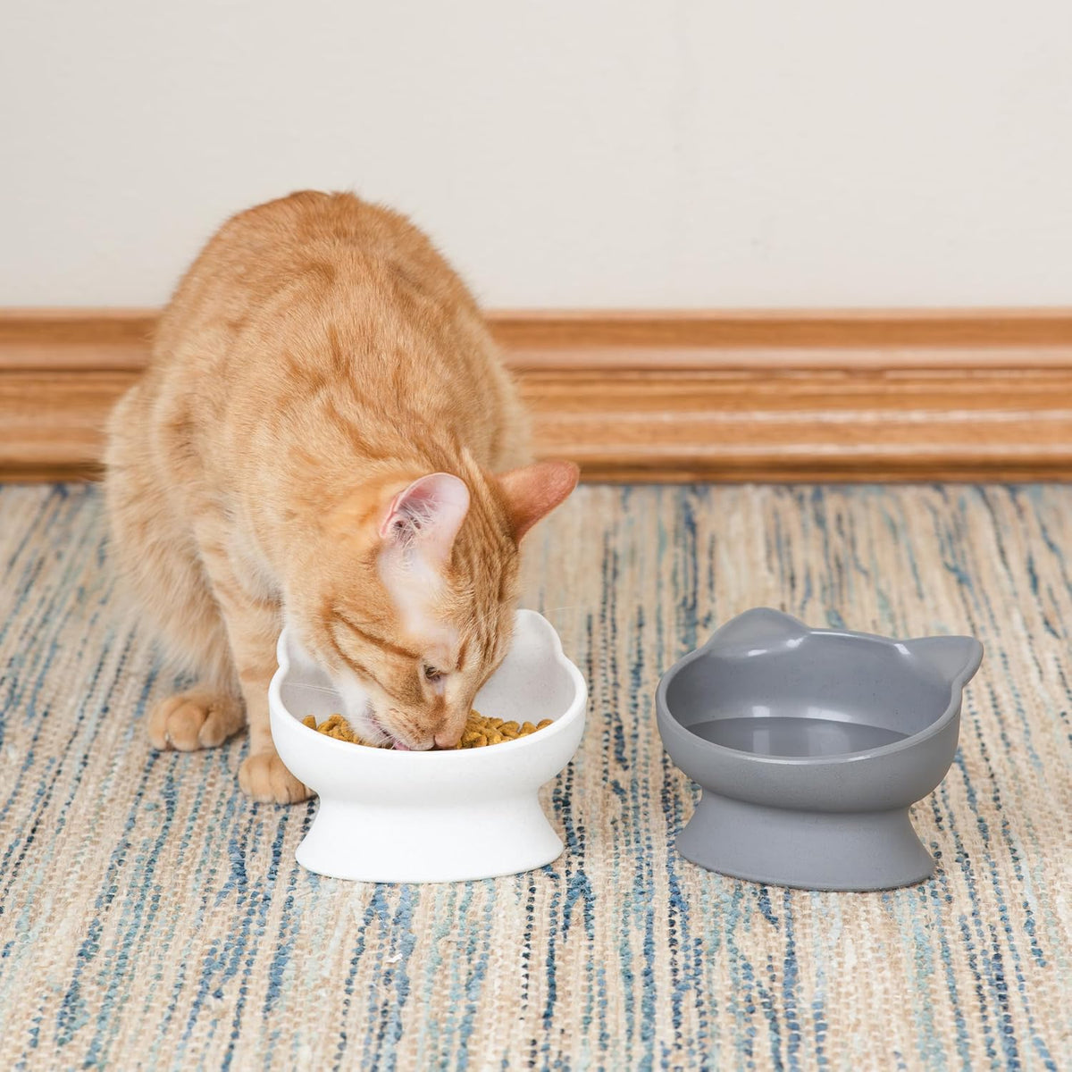 Kitty City Elevated Slow Feeder Cat Bowls (Set of 2), Whisker-Friendly Raised Cat Food Dishes with Ridges, Helps Reduce Fast Eating & Digestion Issues, Dishwasher Safe, 10.8 oz – White & Gray