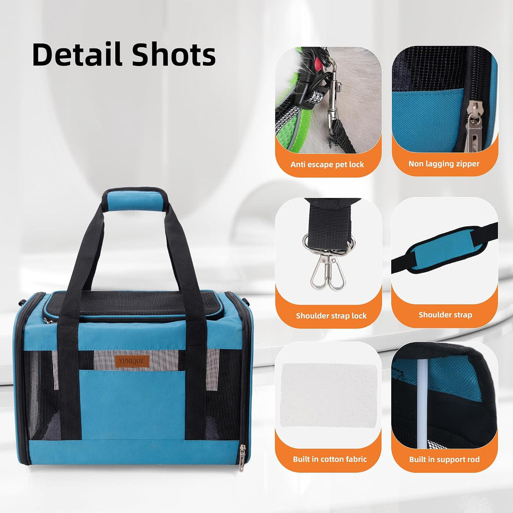 YUNIQUE Soft-Sided Cat & Dog Carrier for Pets Up to 15 Lbs, Airline Approved Collapsible Travel Puppy Carrier with Lightweight Fabric Design (Blue)