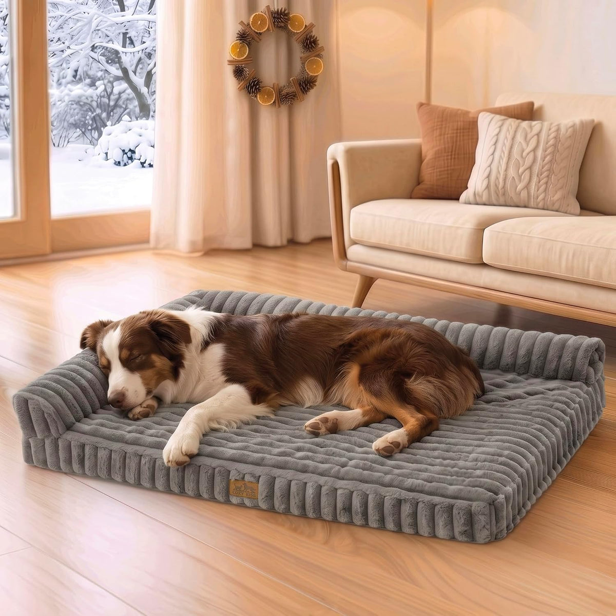 COZY KISS Faux Rabbit Fur Large Dog Bed – 44"x32" Orthopedic Foam Couch with Sides, Removable Washable Cover & Waterproof Lining, Grey