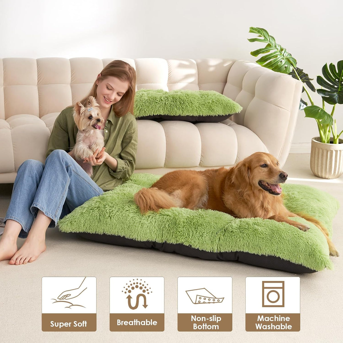 EHEYCIGA Fluffy Dog Crate Bed for Small Dogs, Plush Crate Pad, Green