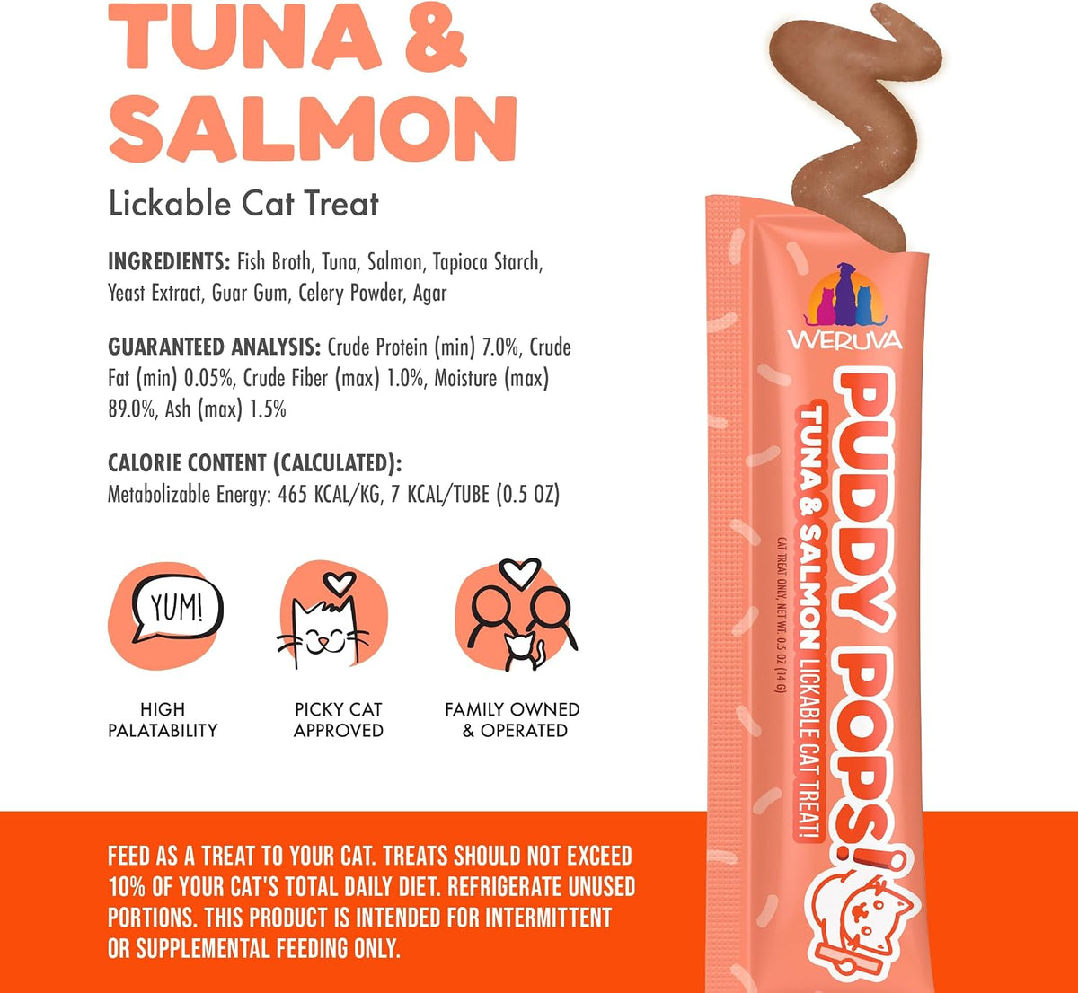 Weruva Puddy Pops, Tuna and Salmon Lickable Cat Treats, 0.5oz Tube, Pack of 50