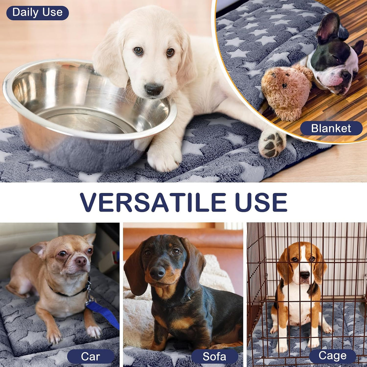 VitalCozy 4 Pcs Dog Crate Pads Soft Warm,18 x 24 x 1.6 Inch,Star,Blue
