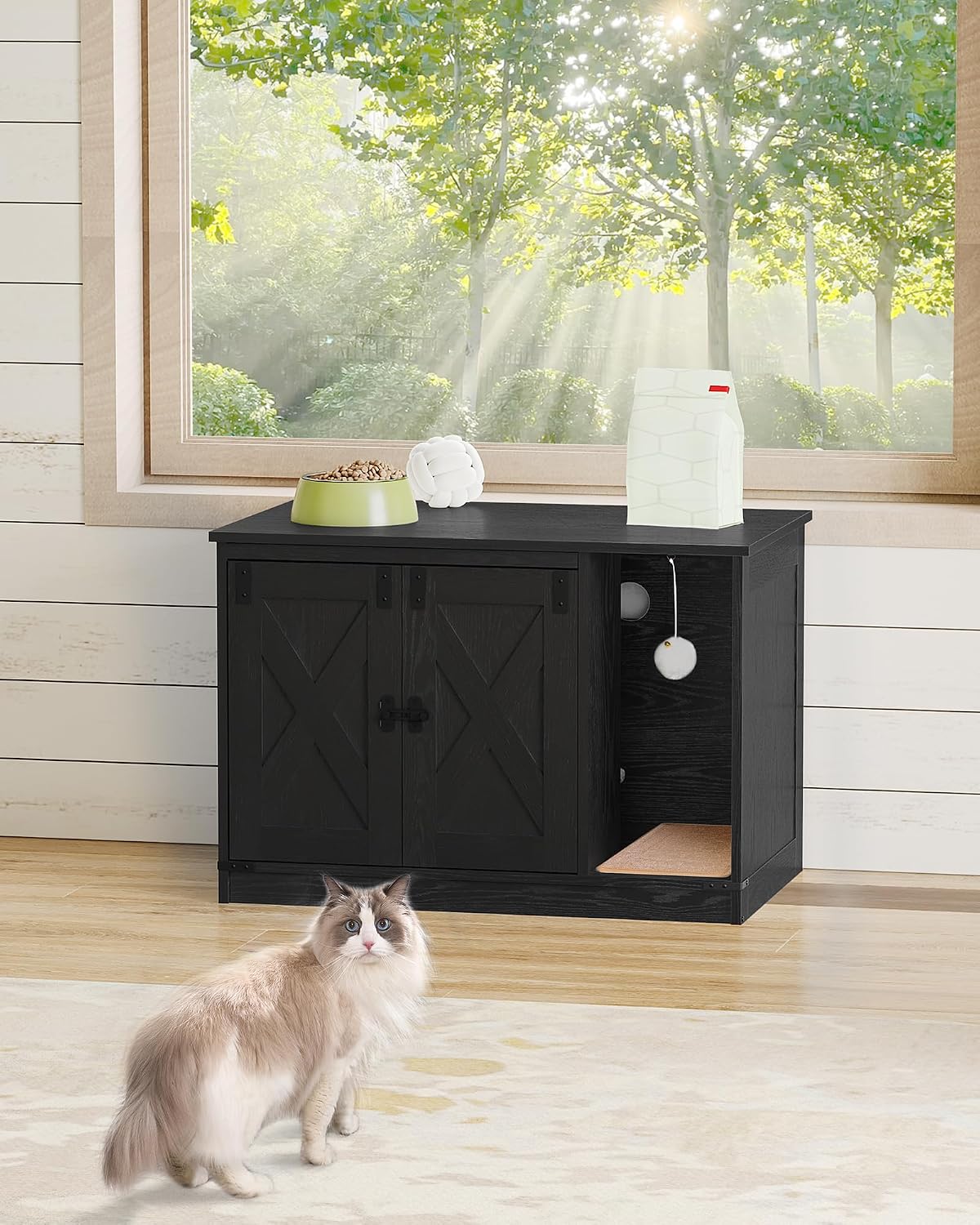 Hzuaneri Cat Litter Box Enclosure, Hidden Litter Box Cabinet Furniture | Indoor Cat House with Bell, Farmhouse Style, 31.5 x 19.7 x 20.9 Inches, for Hallway, Bedroom, Black CB82404X