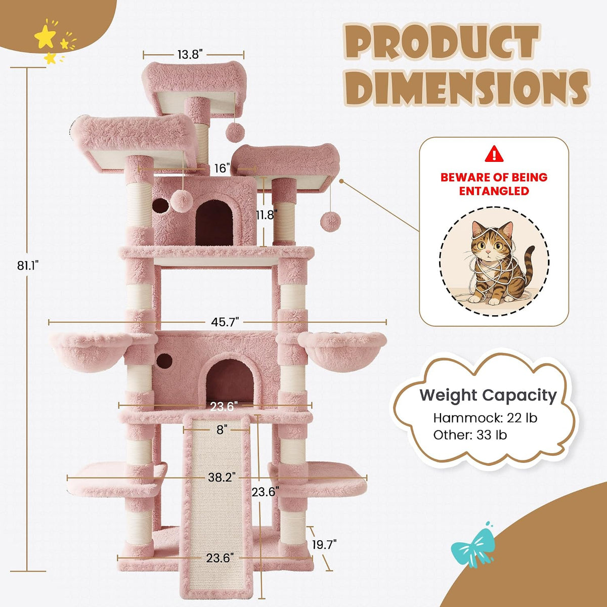 SHA CERLIN 81 Inches Extra Large Cat Tree for Indoor Adult Cats/XXL Big Cat Tower with Condo/Cozy Perches/Sisal Scratching Posts and Hammocks/Activity Center/F80/Heavy Duty/Pink