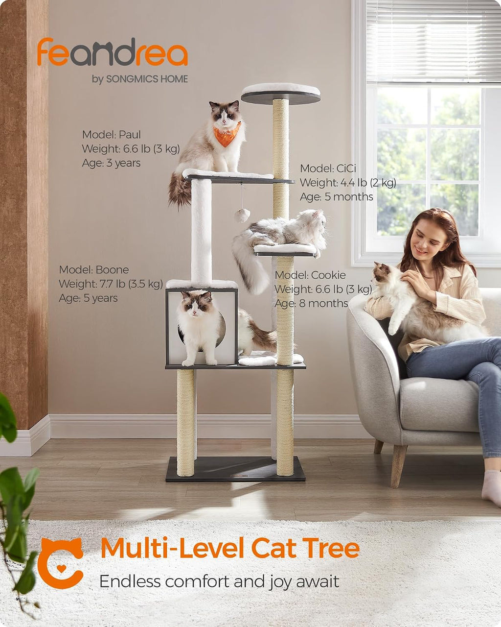 Feandrea Cat Tree, 65-Inch Multi-Level Tower with 5 Scratching Posts