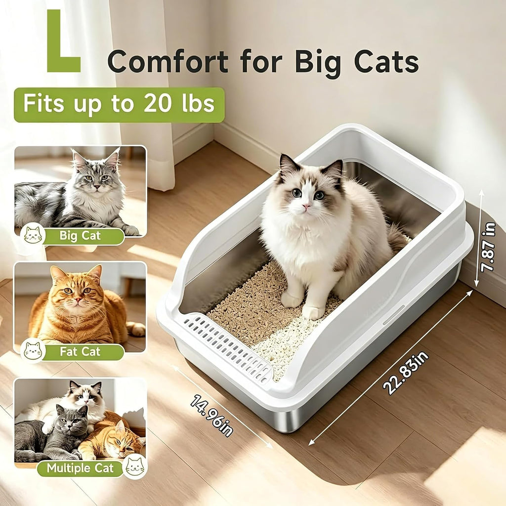 Stainless Steel Cat Litter Box, Large Odor-Free High-Sides | Low entry for easy access, suitable for senior & all cats, entry grid cleans paws, non-slip rounded edges, scoop included