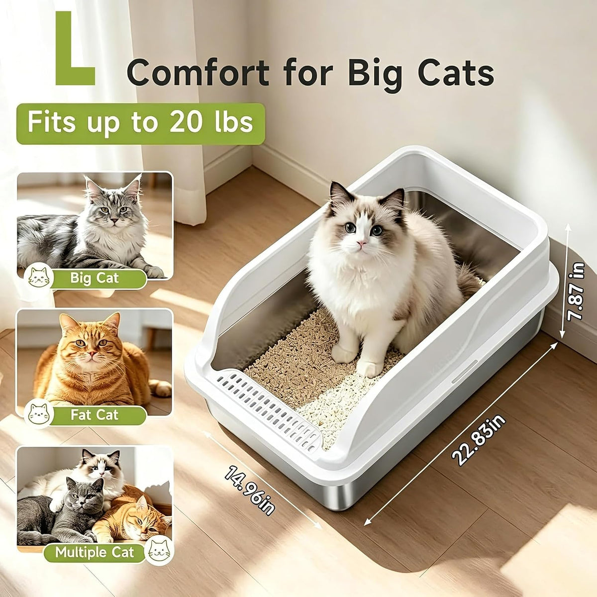 Stainless Steel Cat Litter Box, Large Odor-Free High-Sides | Low entry for easy access, suitable for senior & all cats, entry grid cleans paws, non-slip rounded edges, scoop included