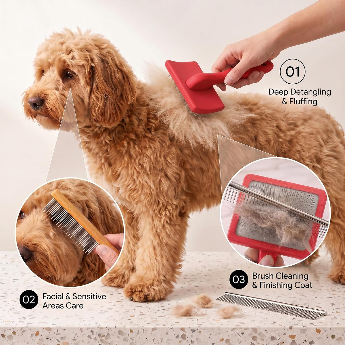 3-in-1 Long Pin Slicker Brush Set, Pet Grooming Kit,Red