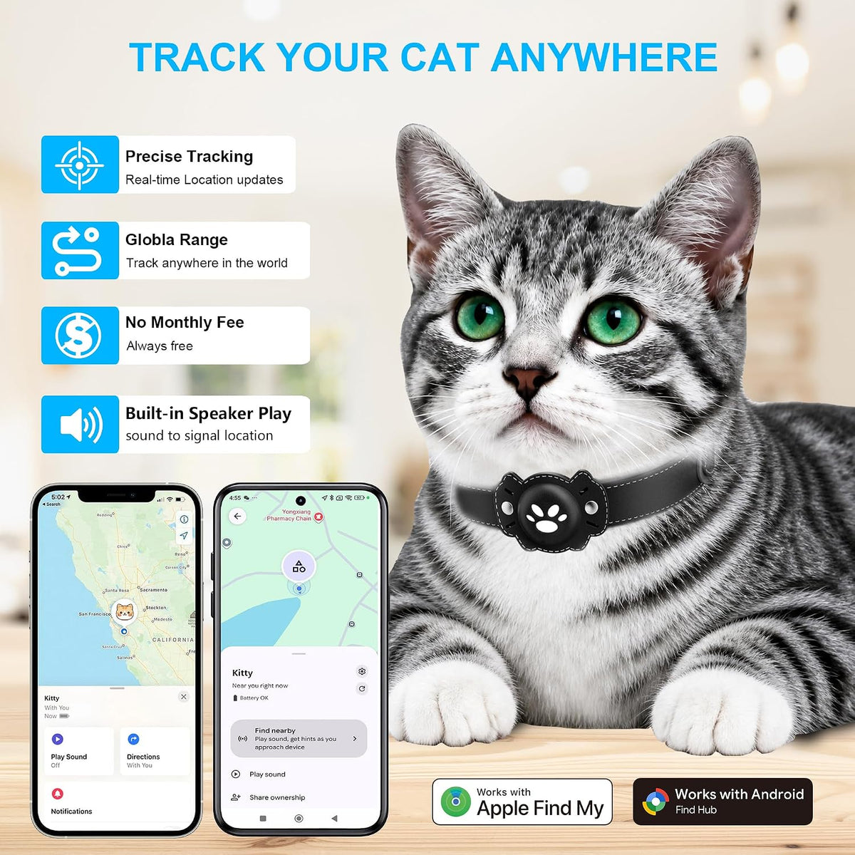 GPS Tracker for Cats, Cat GPS Tracker, Pet Location Tracker with Collar, Real-Time Tracking, No Monthly Fee or Subscription, Waterproof, 365-Day Long Battery Life Cat Collar, iOS & Android (Black)