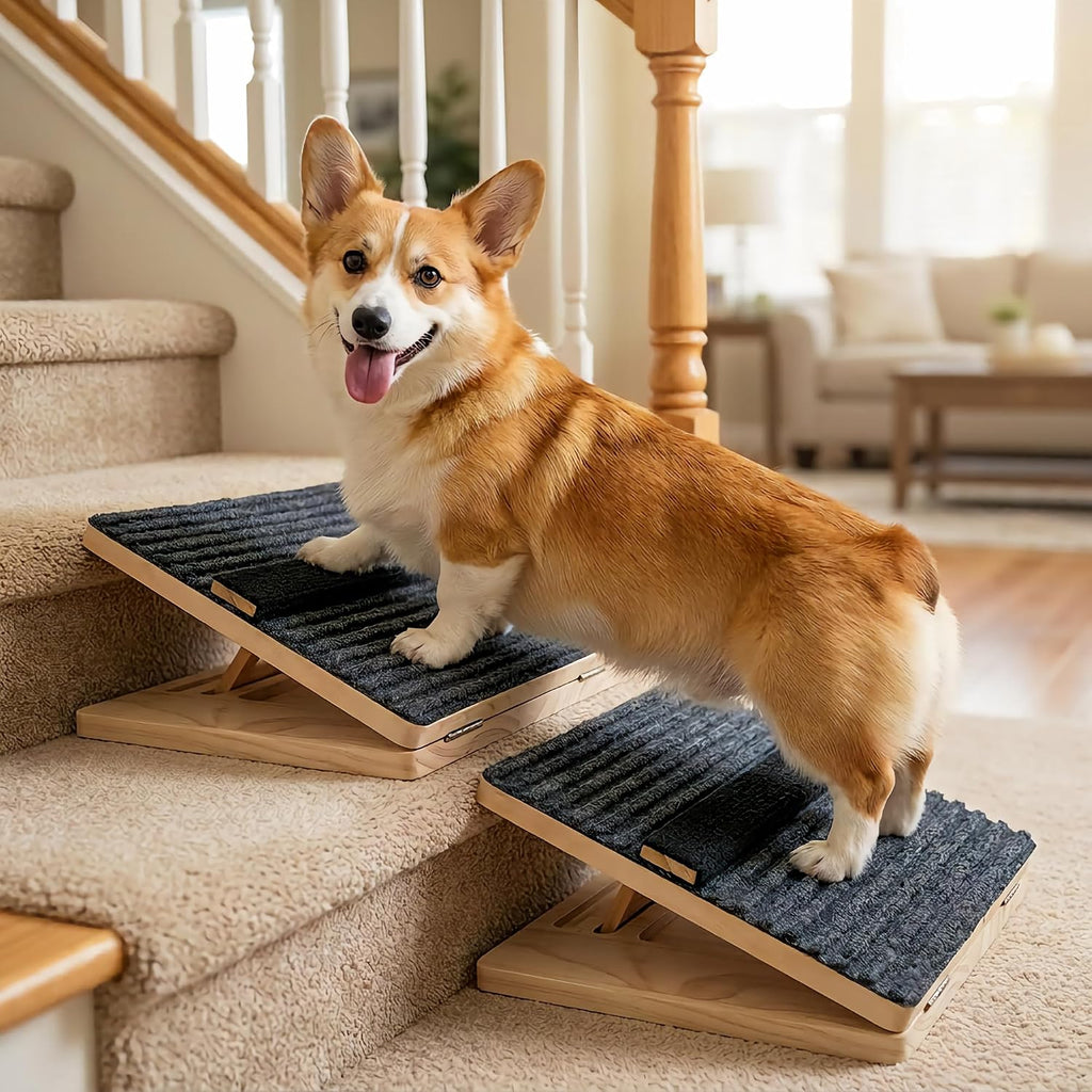 2 Pack Wooden Adjustable Dog Stairs Ramps, 3-Level Adjustable Triangular Pet Ramp, Indoor & Outdoor Portable Dog Steps with Anti-Slip Mat, Suitable for Dogs, Cats, Elderly and Injured Pets (2)