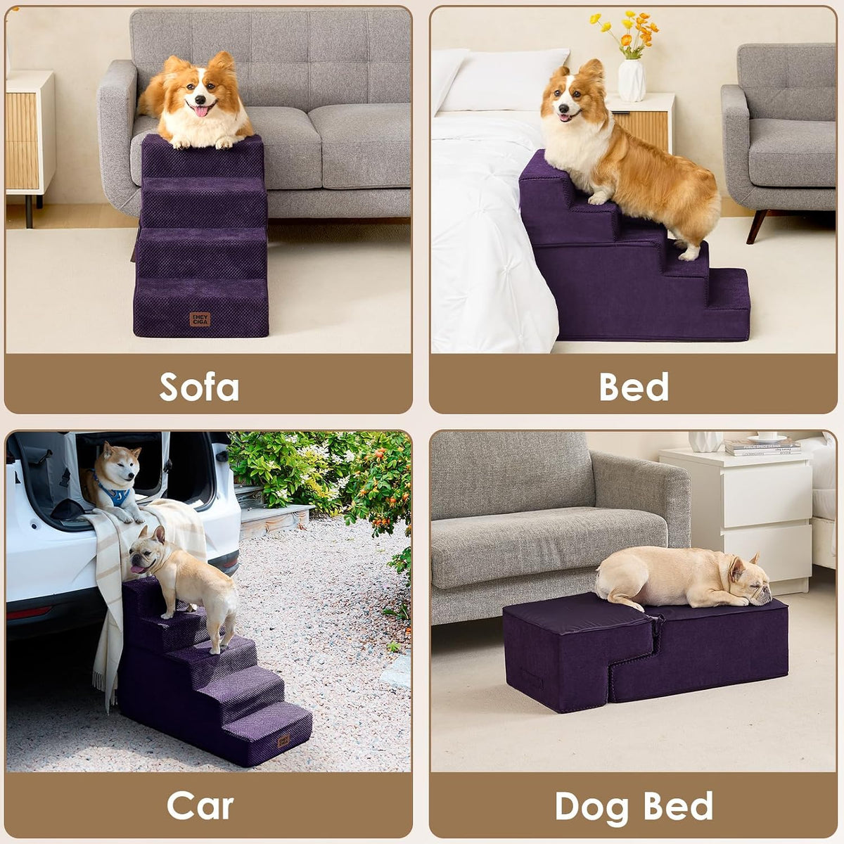 EHEYCIGA Dog Stairs for Small Dogs 13.5" H, 3-Step Dog Steps, Purple