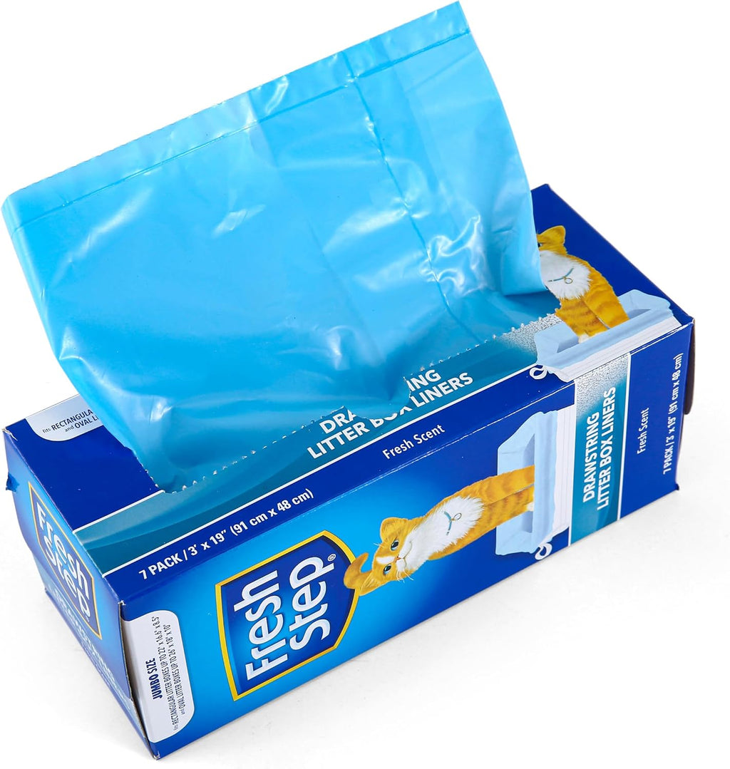 Fresh Step Drawstring Cat Litter Box Liners, Scented, 3 ft x 19 in, 7 Count | Heavy-duty bags for X-large oval or rectangle pans, drawstring closure for easy, mess-free lift-out cleanup