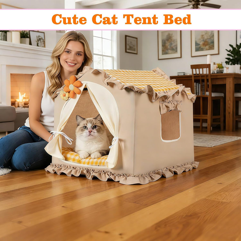 Yellow Indoor Cat House with Frame Foldable Breathable for Small Dog