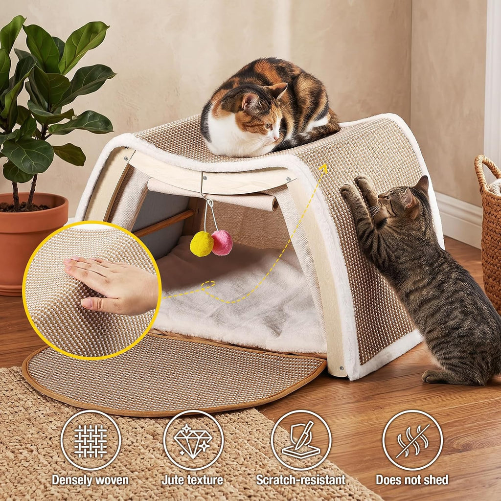 Cat House Indoor, 3-in-1 Wicker Cat Condo Scratcher Cave