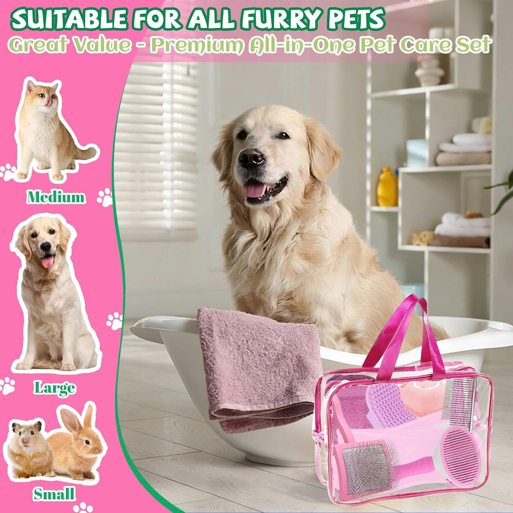 8PCS Dog Slicker Brush for Dogs Grooming Kit,Bath Grooming Kit for Pets,Hair Brush Set with Towel,Washing Gloves,Slicker Comb,and Shampoo Scrubber Brush for Small and Large Dogs and Cats Cats(Pink)
