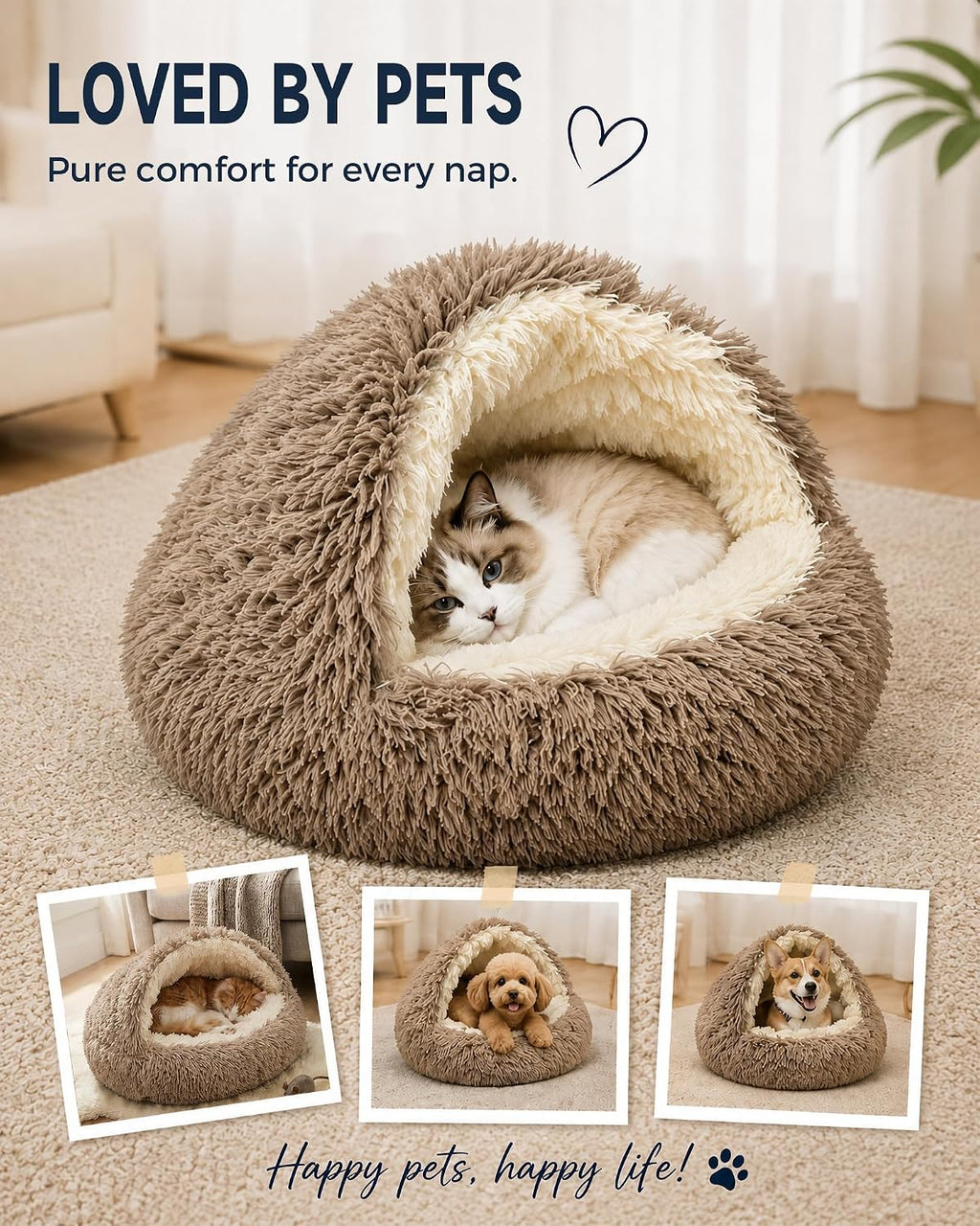 ShinHye Round Plush Fluffy Hooded Cat Bed Cave, Cozy for Indoor Cats or Small Dogs, Waterproof Bottom, Washable（23 in）