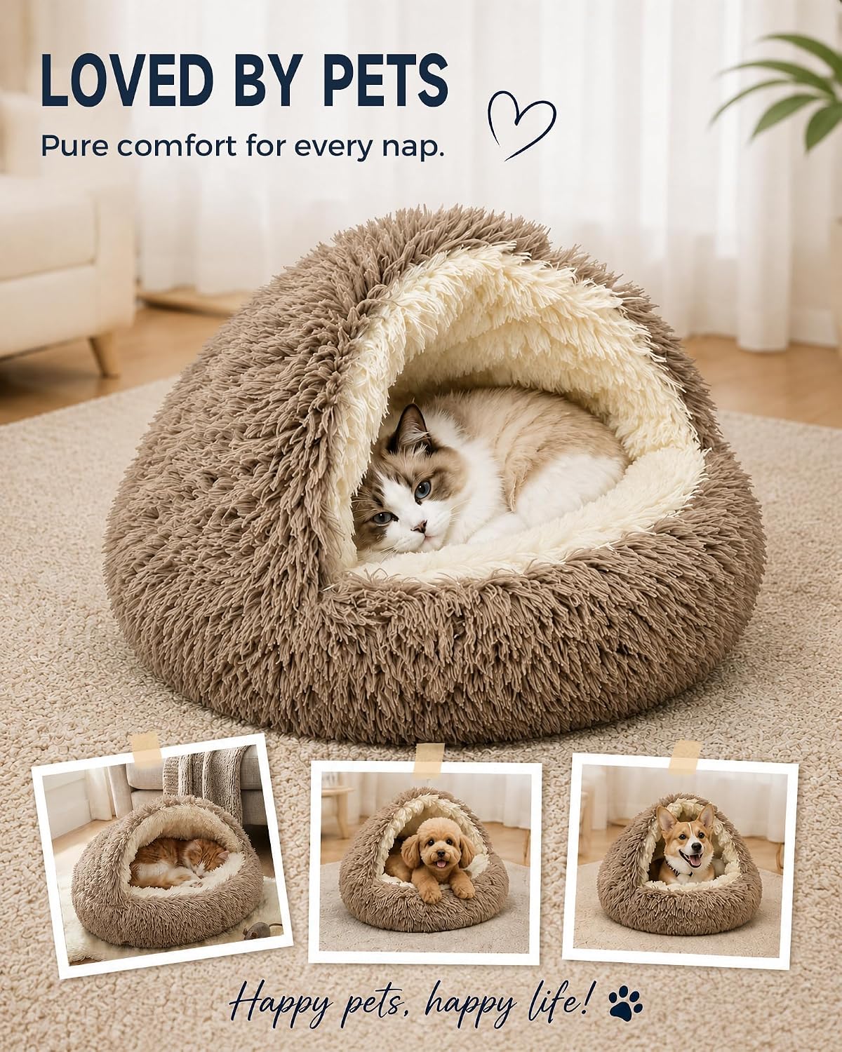 ShinHye Round Plush Fluffy Hooded Cat Bed Cave, Cozy for Indoor Cats or Small Dogs, Waterproof Bottom, Washable（23 in）